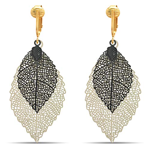 Aloha Earrings - Victorian Filigree Clip On Earrings For Women - Non Pierced Dangle Fashion Jewelry (Double Leaves - Cream/Black) #TOP17