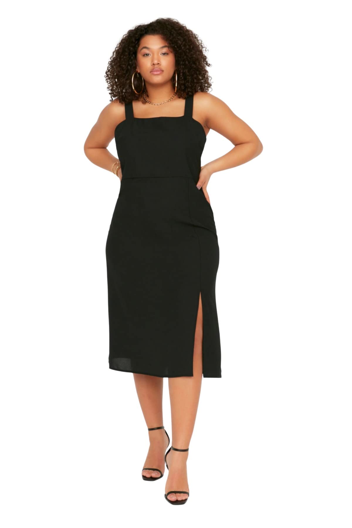 Trendyol Damen Schwarz Women Bodycon Fitted Woven Dress Midi Figurbetontes Gewebtes Plus Size Kleid, Black, 48