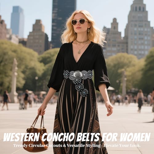 Western Leather Belts for Woman Boho Cowgirl Wide Disc Belt for Women Concho Cowboy Waist Belts for Dress (Black-silver Buckle, 41'' (fits waist size up to 37''))4