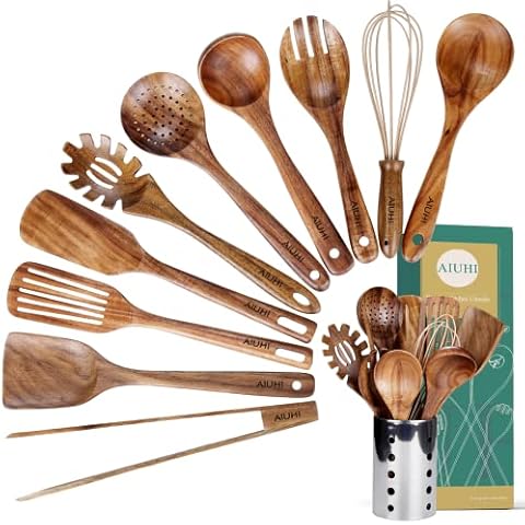 Kitchen Utenails Set with Holder,Kitchen Wooden Utensils for Cooking, Wood Utensil Natural Teak Wood Spoons for Cooking,Wooden Kitchen Utensil Set With Spatula and Ladle (11) Cover