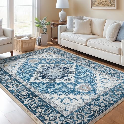 Lofus 5x7 Area Rugs for Living Room, Washable Area Rug, Rugs for Bedroom, Kitchen, Vintage Boho Carpet, Soft Non-Slip, Low Pile Large Area Rug for Office Dining Room, Floral Light Blue