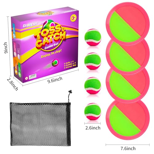Qrooper Kids Outdoor Toys - Toss and Catch Game Set, Outside Yard Camping Beach Pool Toys Games for Boys Girls 3 4 5 6 7 8 9 10 Year Old, 4 Paddles 4 Balls (Pink+Pink)