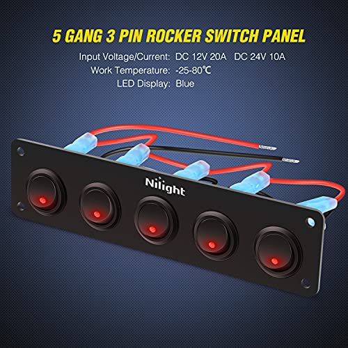 Image of Nilight 5 Gang 3 Pin Rocker Switch Panel On Off SPST Toggle | 12V 12V /20A 24V /10A Pre-Wired for LED Light Bar Rear Rock Lights Cars Trucks RV Boats 4X4 Red