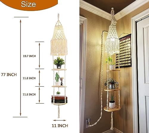 Lámpara colgante de macramé con estante para plantas de 3 niveles e interruptor regulable 2