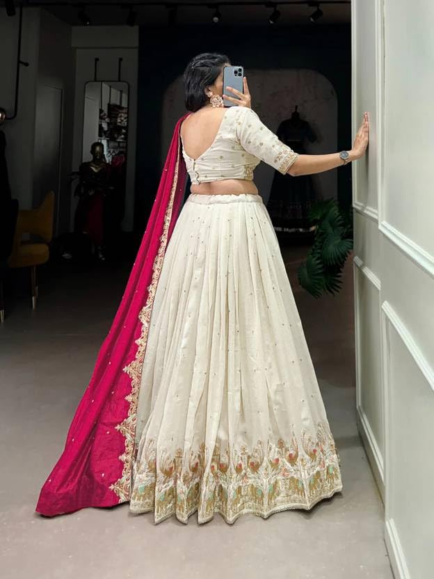 Image of Suppar Sleave Women's Embroidered Vichitra Silk Lehenga Choli Dupatta Set Semi-Stitched Blouse and Fit & Flare Style