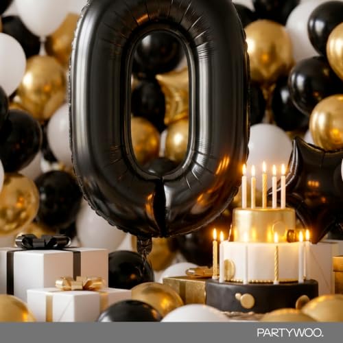 Image of PartyWoo Black Number 0 Balloon 40 Inch 25pcs Black Foil Star White Gold