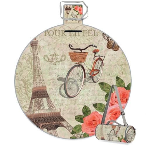 Shimoshe Postcard of France Paris Picnic Outdoor Blanket Foldable Waterproof Sandproof Beach Blanket Portable Water-Resistant Round Picnic Mat for Travel Camping Park Lawn
