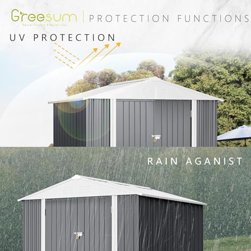 Image of Greesum 8x6FT Outdoor Storage Shed, Utility Tool Shed with Sloping Roof, Metal Storaged Garden Shed with Door & Lock for Patio Storage, Gray