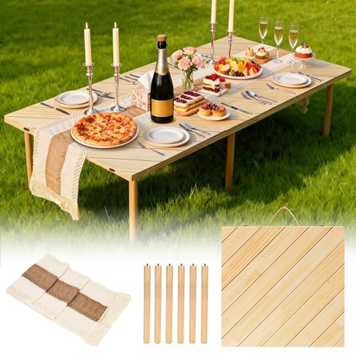 MLLNFUE Folding Picnic Table with Boho Table Runner 60' x 30' Wooden Low Table, Portable for Indoor Outdoor Use Ideal for Camping Beach Weddings Garden Parties (Seats 6)