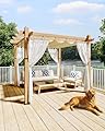 KYBOLT 10x10 Ft Outdoor Pergola with Retractable Canopy Metal Gazebo Imitation Wood-Grain Column with Side Mesh Screen Modern Pavilion for Backyard(Beige+White)