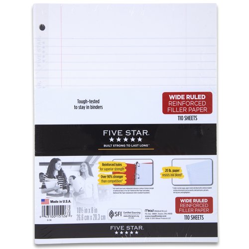 Five Star Filler Paper, Wide Ruled Paper, 110 Sheets/Pack, 10-1/2