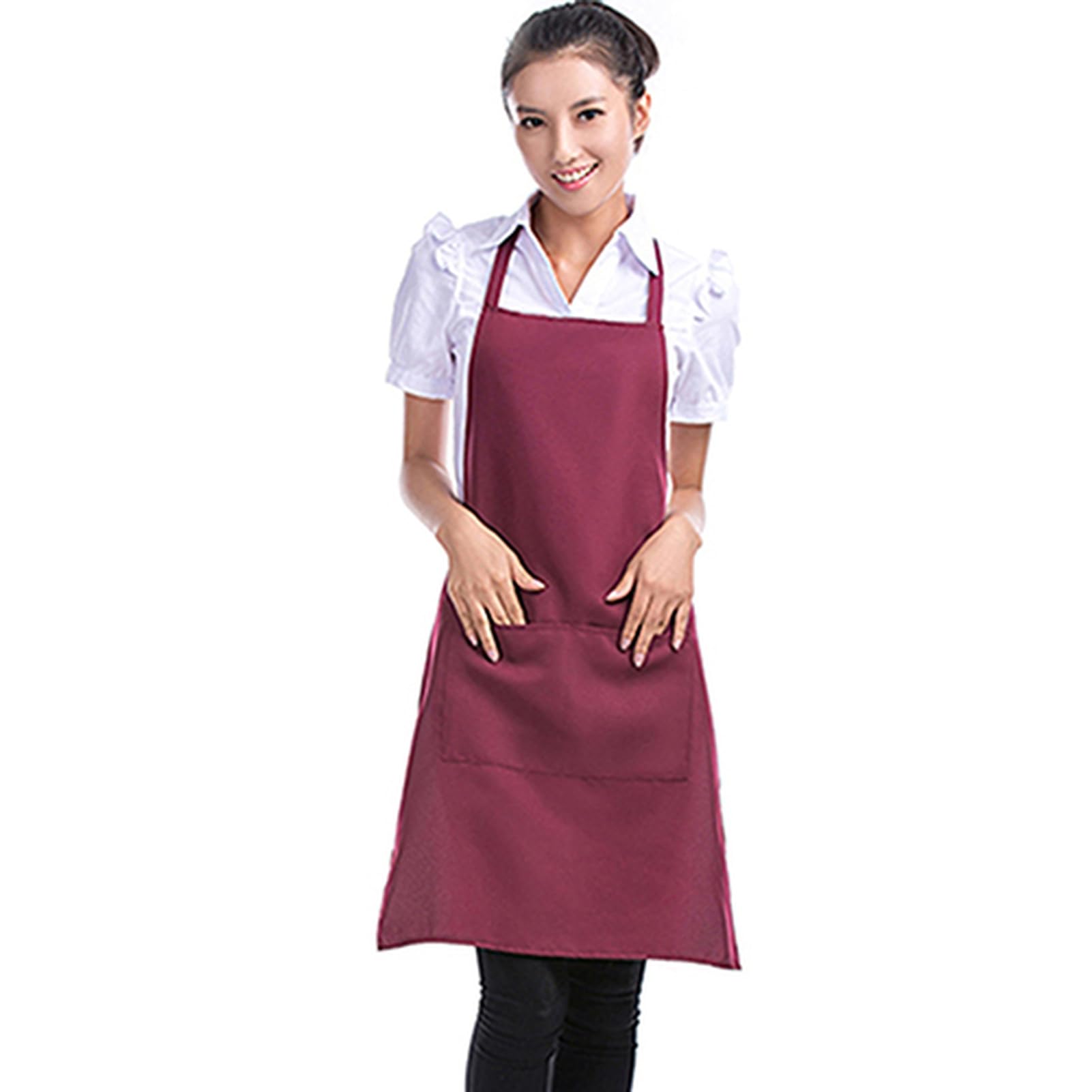 matumou Unisex Pure Color Kitchen Restaurant Bib Cooking Apron with Pocket