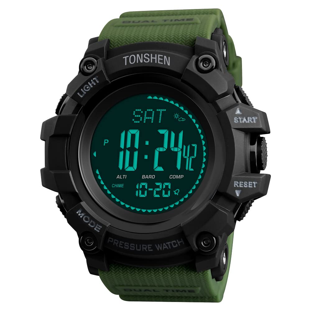 TONSHEN Uomo Outdoor Militare Sportivo Bussola Orologi da Polso Plastica LED Elettronico Multifunzione Altimetro Termometro Pedometro Calorie Doppio Tempo Allarme Digitale Orologio