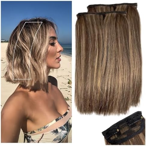 2 Pcs Short Hair Extensions, Clip in Extensions Human Hair for Women Adding Volume 8 Inch Medium Brown and Honey Blonde