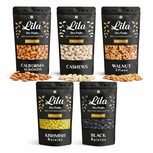 Image of LILA DRY FRUITS Combo Pack Almonds Cashews Walnuts Black & Golden Raisins Pack 200 g x 5 Each | Assorted Premium Dry Fruits for Daily Nutrition & Healthy Snacking Perfect for Gifting