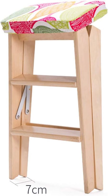 Stool Folding Solid Wood Creative Simple Folding Ladder Kitchen Portable Folding Chair Home Bench Beautiful and Stable Baby Straps,Red and Green Pattern