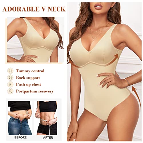 Reyeogo Full Body Shapewear Bodysuit For Women Tummy Control Waist Trainer Slimming Body Shaper Thong V Neck Bra Jumpsuit Top (X-Large, Beige) #TOP3