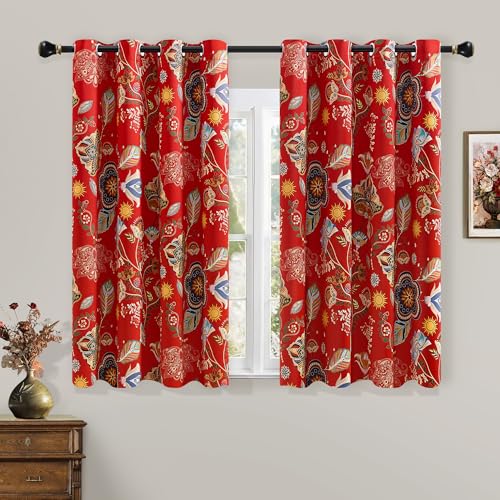 Image of XiDi 100% Blackout Red Floral Curtains 63 Inches Long Grommet Drapes