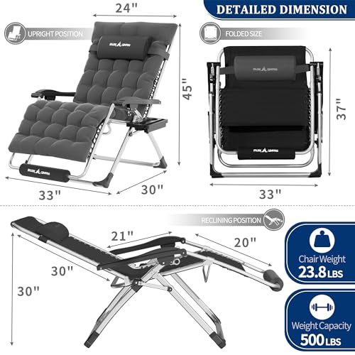 Image of UDPATIO Oversized Zero Gravity Chair Patio Reclining Chairs with Cushion | 33In Set of 2 Outdoor Folding Recliner with Pillows,Cup Holder, Foot Rest, Detachable Pad, Locking Gentle Grey-xxl