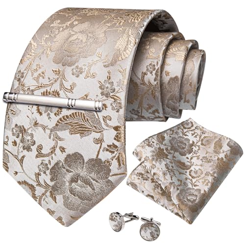 Image of DiBanGu Silk Floral Ties for Men Woven Paisley Necktie and Tie Clip Handkerchief Cufflinks Set for Party Wedding