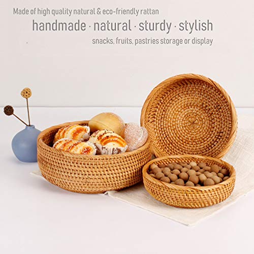 Amololo 3 Pack Hadewoven Round Rattan Fruit Basket Wicker Food Tray Weaving Storage Holder Dinning Room Bowl, 10 Inch Small Wicker Basket Serving Tray Woven Basket For Bread, Snack, Brown(3-Size Kit) #TOP2