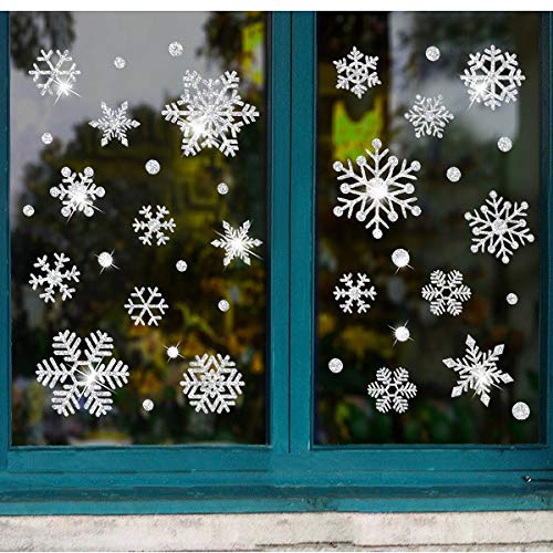 Aelfox Silver Christmas Window Clings, Snowflake Christmas Stickers Decals Window Door Wall Sticker for Home/Office/Shop/Windows/Glass/Holiday/Christmas Decorations