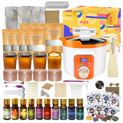 Ksedcon Kit de fabricación de velas DIY, juego de fabricación de velas con olla eléctrica de fusión de cera, 8 latas de velas, 8 aceites aromáticos, juego de velas para hacerlas tú mismo con bolsa de