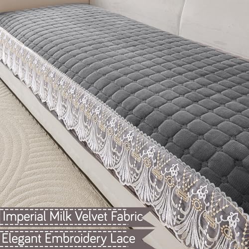 Image of HOKIPO 'BelleLace Series' Imperial Milk Velvet Sofa Cover Mat with Lace Design| Make Your Own Sofa Cover Set, Mat Length 90(D) x 60(L) cm, Porpoise Grey (AR-5962-DGRY)