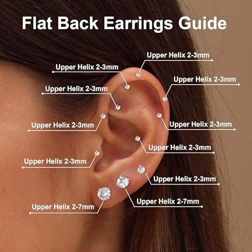 Flat Back Stud Earrings for Women - Hypoallergenic Surgical Steel Earrings with CZ Stones - 6 Pairs (18-20G)2