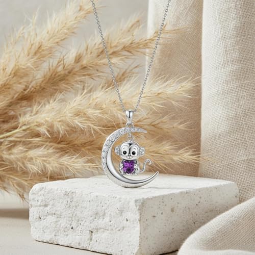 Image of PROESS Animal Birthstone Necklace 925 Sterling Silver Otter /Axolotl /Hippo /Elephant /Dachshund /Monkey /Red Panda Pendant Necklace Animal Birthstone Jewelry Gifts for Women