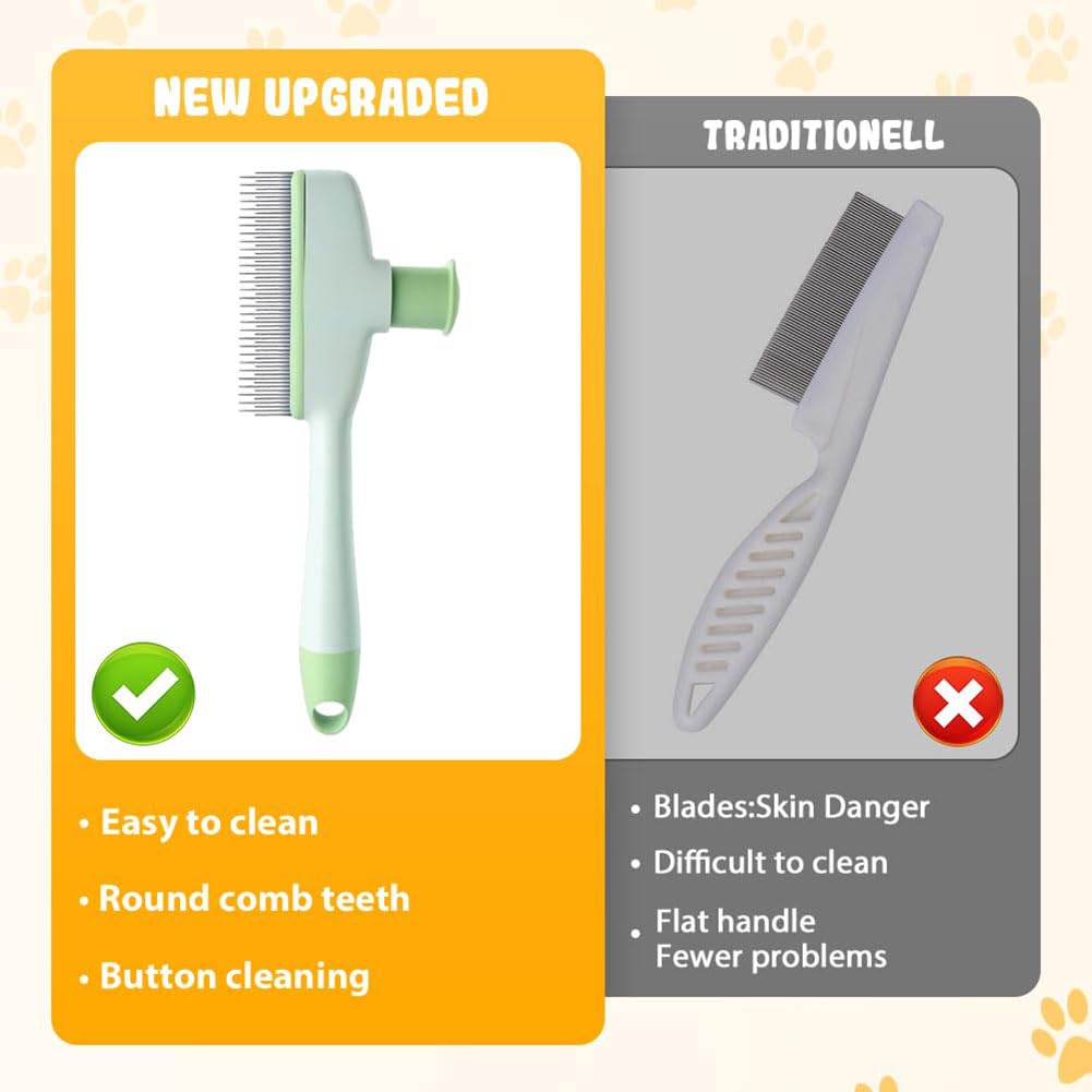 Flea Comb for Cats & Dogs, Self-Cleaning Cat Brush for Short and Long Hair Cats,Pet Grooming Brush Cat Dog Combs, 2025 New Pet Hair Removal Comb with Release Button. (2 Pcs)