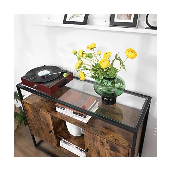 VASAGLE Sideboard, Side Cabinet, Storage Cabinet with Glass Surface and Open Compartments, Living Room, Hallway, Steel Frame, Tempered Glass, Industrial, Rustic Brown and Black LSC014B01 - Image 8
