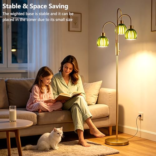 Image of 3-Light Glass Floor Lamp, 70 inch Gold Dimmable Standing Tall Lamp with Green Glass Shades &3PCS 3000K Warm White Bulbs for Wedding /Party, Modern Tree Pole Lamp for Living Room Bedroom Home Office Corner