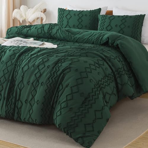 Image of Andency King Size Comforter Set, 3 Pieces Dark Emerald Green Boho Tufted Geometric Shabby Chic Bedding, Soft Fluffy Farmhouse Bed Set, Jacquard Textured Comforter for All Season (104x90 Inch)