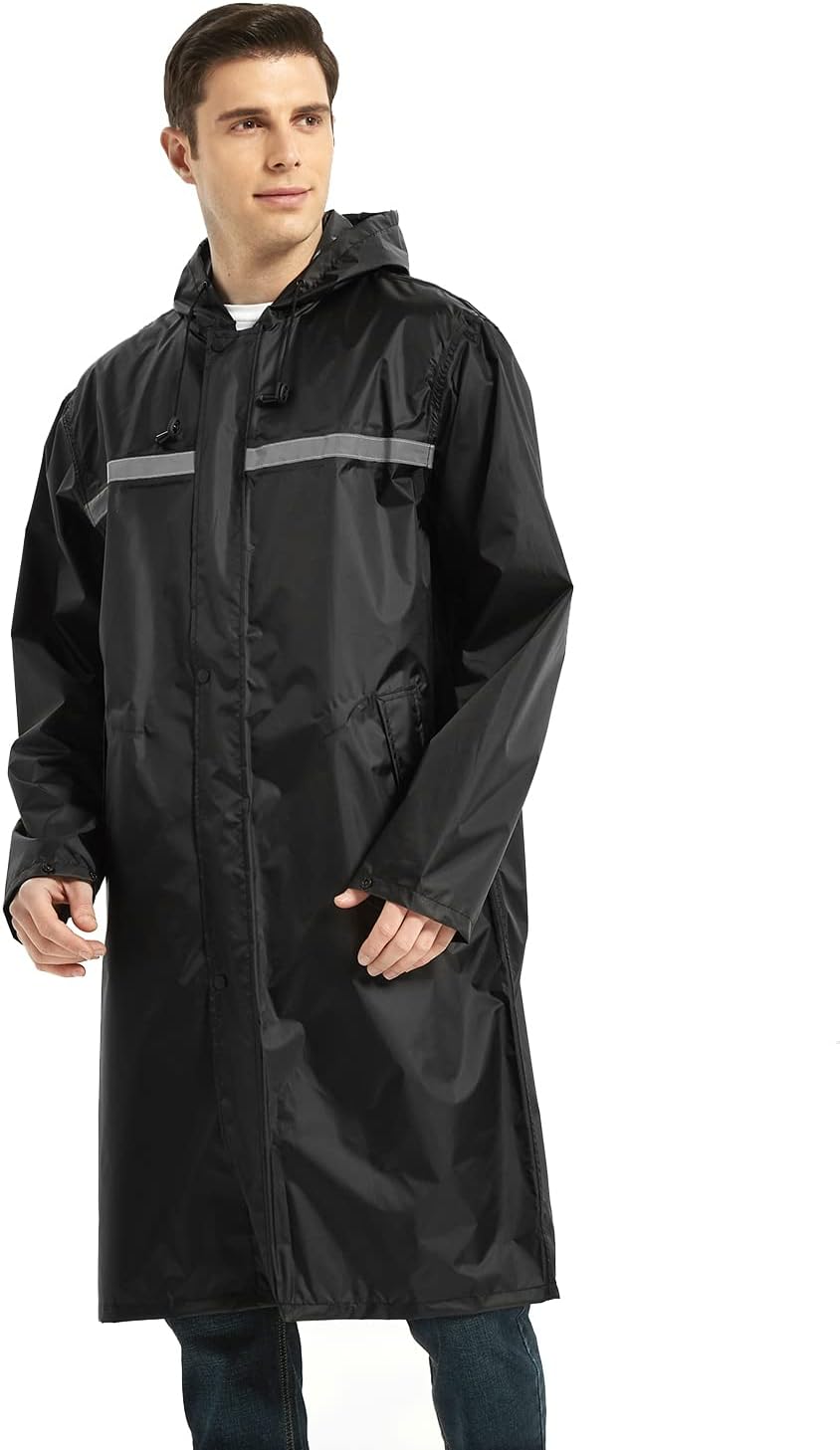 Men’s Waterproof Hooded Raincoat, Lightweight Packable Windproof Long Rain Jacket with Reflective Strip - Image 2