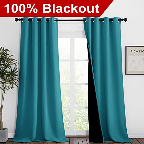 Image of NICETOWN Peacock Teal Blackout Curtains 90 inches Long, Full Light Blocking Drapes with Black Liner for Nursery, Thermal Insulated Draperies for Hall, Villa (2 Pieces, 46 inch Wide Each Panel)