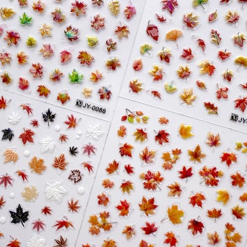 4 Sheets Fall Nail Art Stickers Colorful Gradient Maple Leaves Designs...