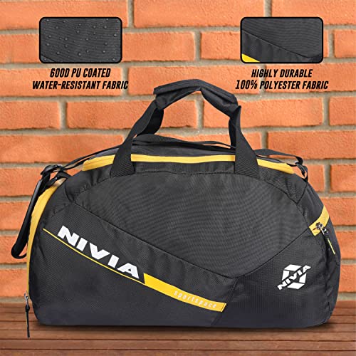 Image of Nivia Sports Space Polyester Gym Bag with Shoes Compartment,Adjustable Shoulder Bag for Men, Duffle Gym Bags for Men,Duffle Bags Travel (Black, Yellow),Capacity-18 litres