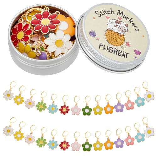 PLIGREAT 28 Pcs Colorful Enamel Flowers Charms Crochet Stitch Markers Knitting Row Counter Locking Mark Needle Clip Knitting Tool Kit with Storage Tin Box Gifts for Mom DIY Jewelry Crafts Accessories