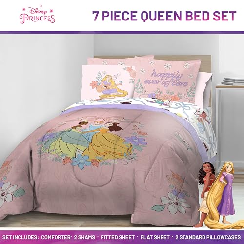 Image of Disney Princess Queen Comforter Set 7 Piece Kids Bedding for Girls, Pink | Cinderella Rapunzel Belle, Bed in a Bag, Comforter Sheets Shams Pillowcases, Soft Microfiber, Machine Washable, Girls Gift