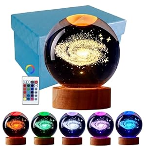 Galaxy Crystal Ball Night Light, 3.15 Inch 3D Solar System Crystal Lamp with LED Wooden Base, 16 Colors Change with Remote Control, Gift Box Packing, Gifts Ideas for Friends (Galaxy)