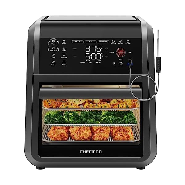 CHEFMAN ExacTemp™ 12 Quart 5-in-1 Air Fryer with Integrated Smart Cooking Thermometer, 28 Touchscreen Presets, Rotisserie, Dehydrator, Bake, XL Convection Oven with Auto Shutoff, Black CHEFMAN ExacTemp™ 12 Quart 5-in-1 Air Fryer with Integrated Smart Cooking Thermometer, 28 Touchscreen Presets, Rotisserie, Dehydrator, Bake, XL Convection Oven with Auto Shutoff, Black