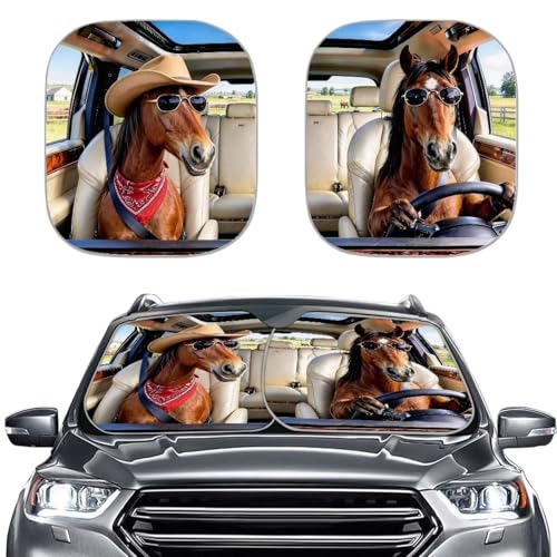 Image of Funny Horse Car Sun Shade for Front Window Foldable Automotive Front Window Sunshade Protector 2-Piece Car Sunshades Easy to Install Universal Car Accessories Decoration