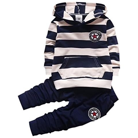 Shiningup Baby Tracksuit Boys Clothing Set Outfit Long Sleeve Hooded Striped T-Shirt and Pants for 0-4 Years Little Kids Blue Cover