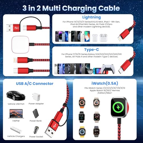Image of Travel Essentials 3in2 Multi Charging Cable for iPhone Watch Charger,USB A /C to Type C /IP /iWatch charger,Travel Chargers for Multiple Devices Compatible with iWatch Series&iPhone 16-12(2PACK,5FT)