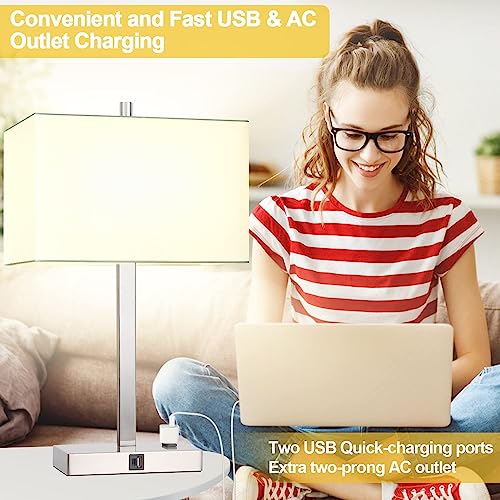 Image of 21 inch Touch Bedside lamps with 2 USB & AC Outlets, 3-Way Dimmable Bedside Table Lamps Set of 2 for Bedroom Living Room Office Reading, White Shade Lamps for Night Stands, 3000K LED Bulbs Included