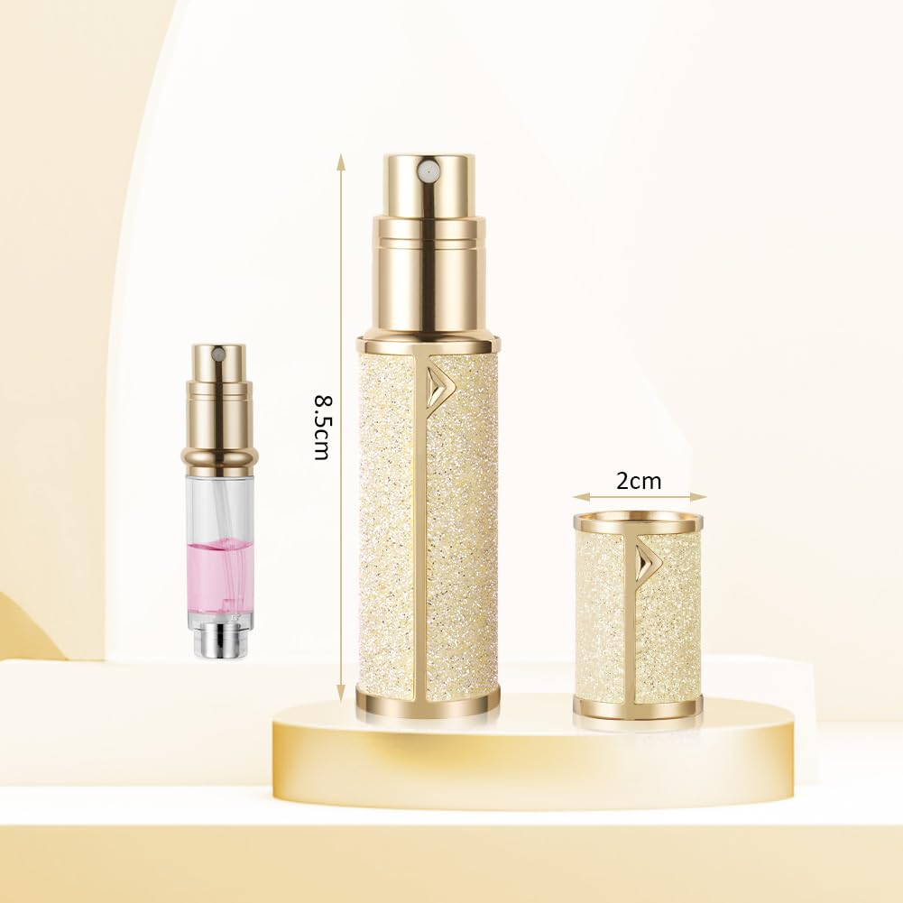 LOPHE Butelka podróżna, 5 ml, luksusowa, wielokrotnego napełniania, błyszcząca butelka z rozpylaczem do perfum, łatwy do napełniania, atomizer perfum dla kobiet, mężczyzn (złota)