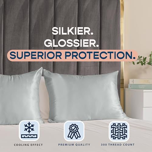 Image of BLISSFORD Satin Pillowcase with Zipper, for Hair and Skin Care, Feels Soft and Cool Like a Silk Pillowcase, Satin Pillow Cases 2 Pack, Slik Pillow Cover, Silver Grey - King Size, Set of 2