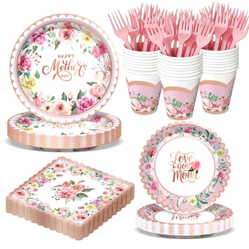 Vintage Floral Party Supplies Rose Gold for Mothers Day Plates Napkins Cups Forks Disposable Tableware Set for Moms Days Party Supplies Home Brunch Dinner Serves 24