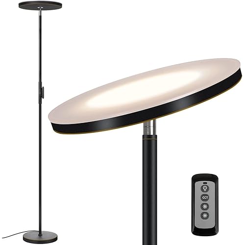 JOOFO Floor Lamp,30W/2400LM Sky LED Modern Torchiere 3 Color Temperatures Super Bright Floor Lamps-Tall Standing Pole Light with Remote & Touch Control for Living Room,Bed Room,Office (Black-Gold)